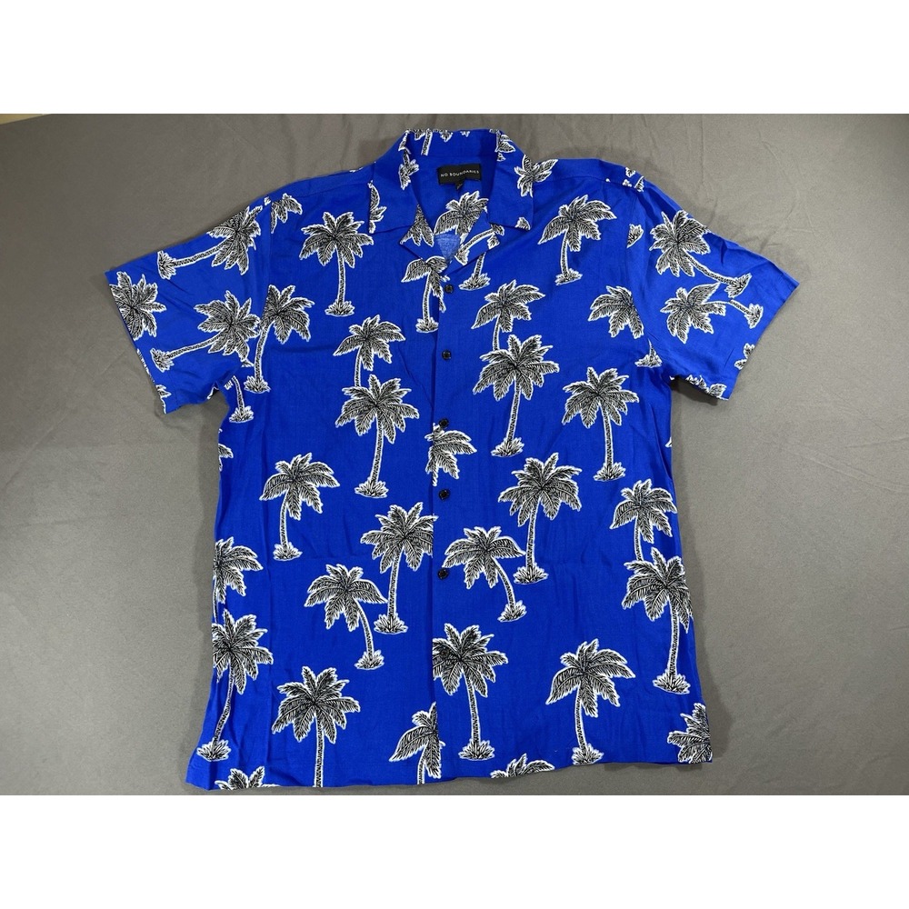 No Boundaries Men's Cobalt Blue Rayon Floral Hawaiian Shirt Size Large